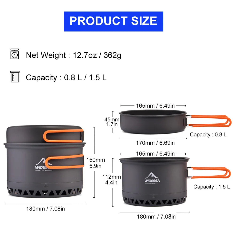 Widesea Camping Cookware Set – 1.3L & 2.3L Pots with Kettle for Outdoor Cooking